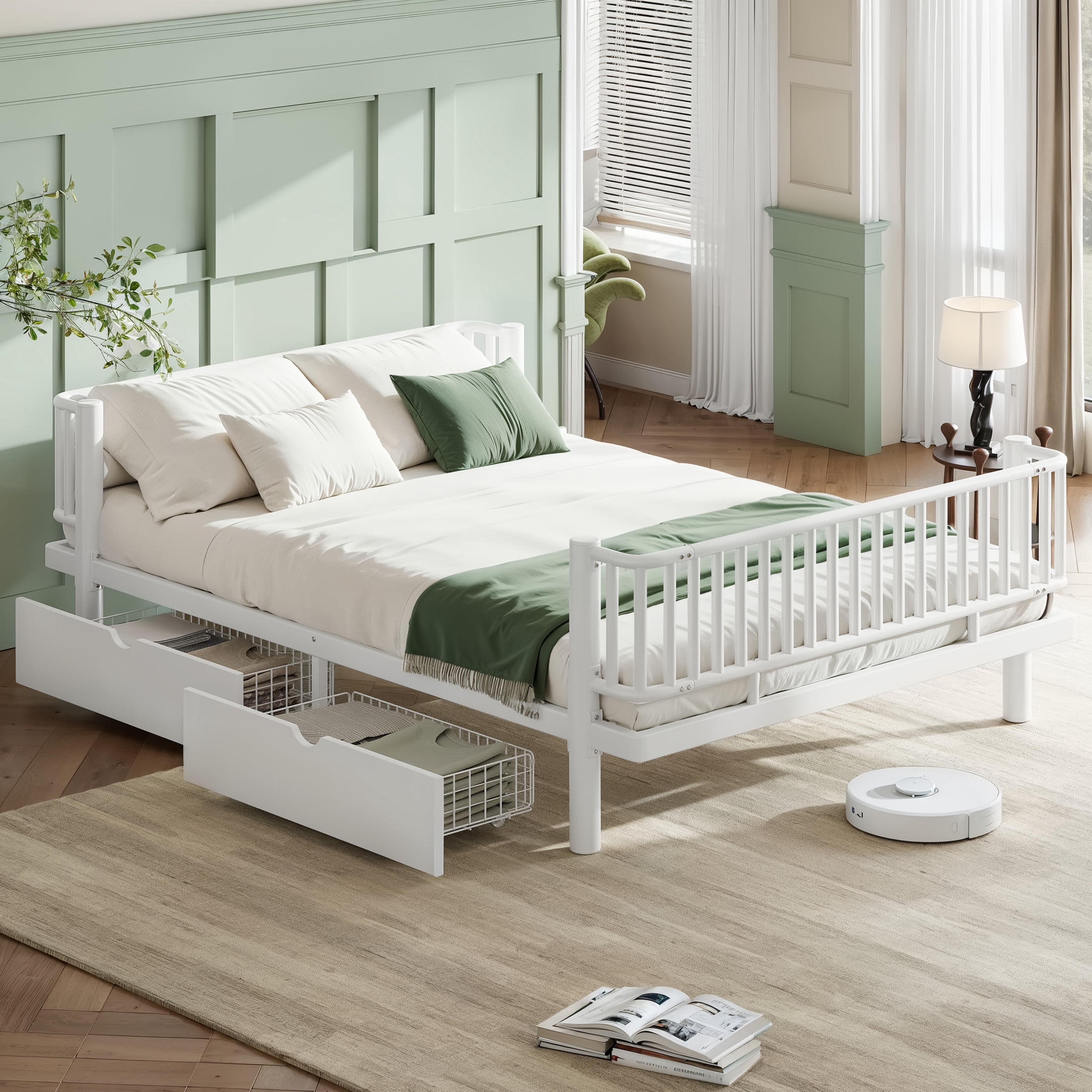 Noble House Queen Size Platform Bed with Storage Drawers, Daybed Frame with Round-Pipe Design, White