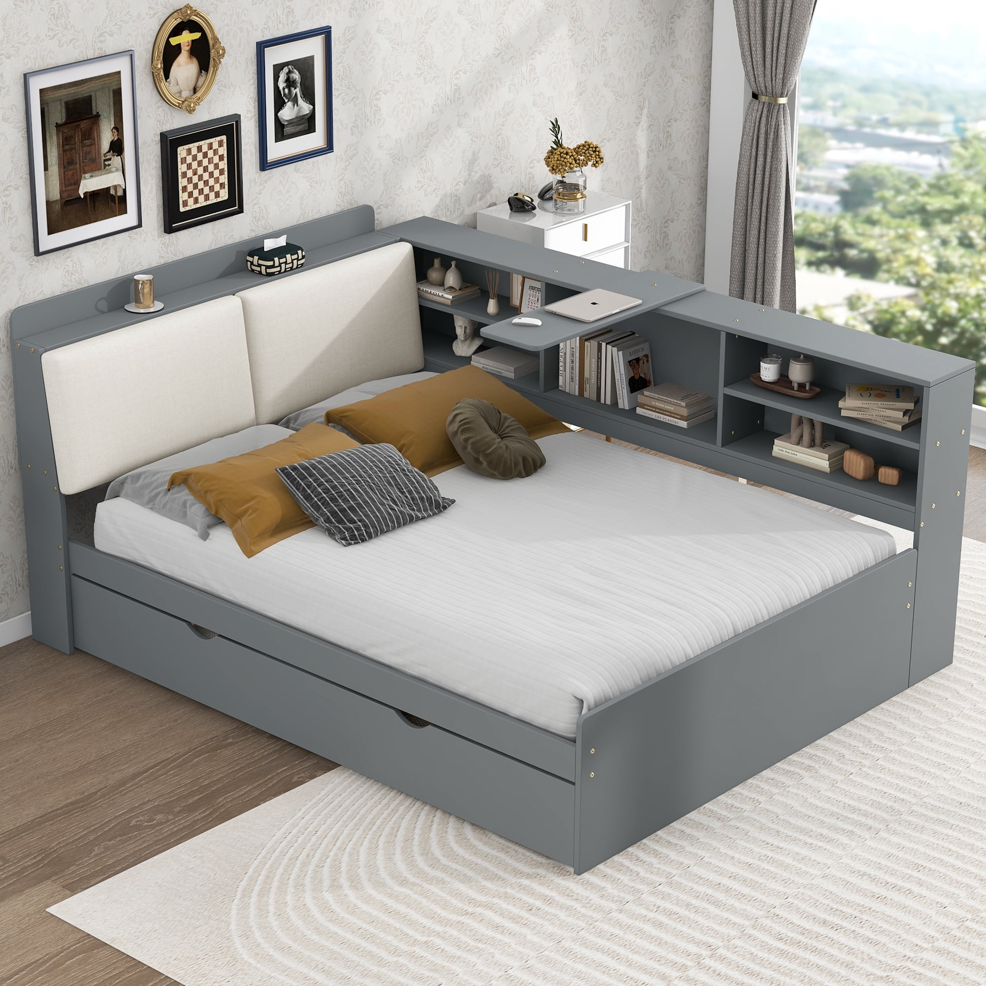 MAYEERTY Wood Full Size platform bed with Trundle, Shelves and Storage Headboard, Gray