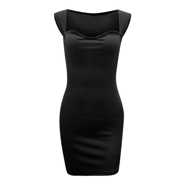 Lovskoo Women's Casual 2024 Spring Summer Ribbed Dress Sleeveless Sweetheart Neck Strap Solid Bodycon Mini Short Dress Black M, Size: Medium