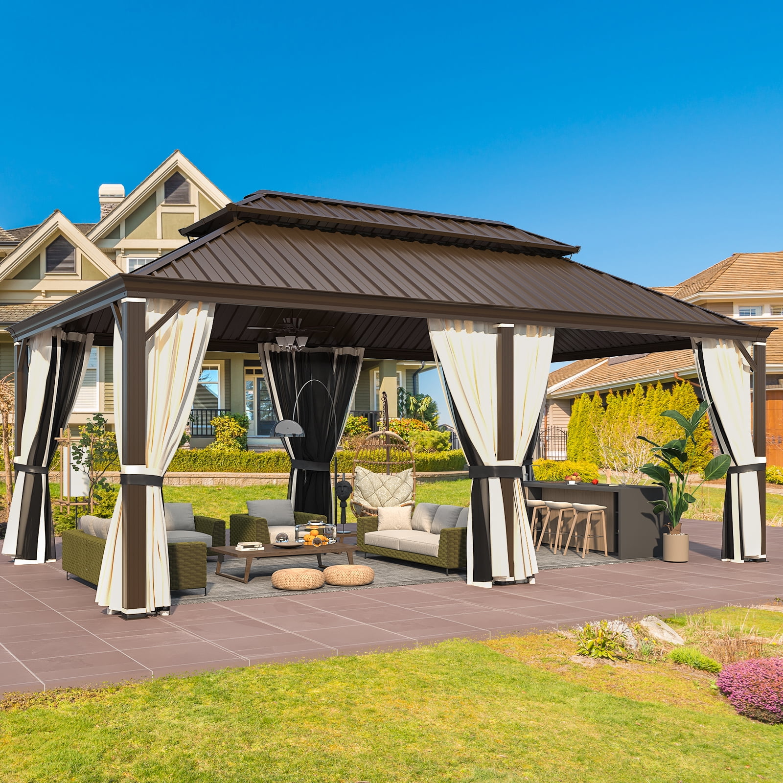 Hommow 12' x 20' Hardtop Gazebo with Steel Double Roof, Anti-Rust Coating Aluminum Frame Permanent Outdoor Waterproof Pavilion