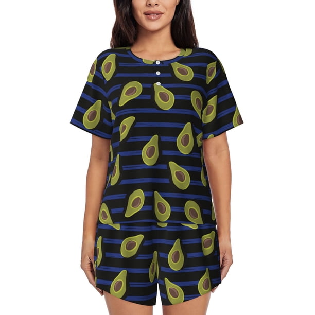 Balery Avocado Conjunto de Pijama para Mujer con Estampado, Dos Piezas de Manga Corta y Shorts, Ropa de Dormir Suave con Cuello Redondo y Bolsillos-Medium