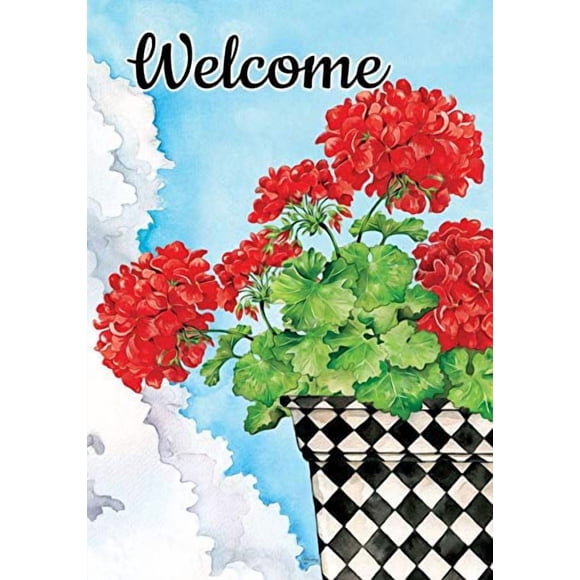 Custom Decor Potted Geranium Welcome - Garden Size, Decorative Double Sided, Licensed and Copyrighted Flag - Printed in The USA Inc. - 12 Inch X 18 Inch Approx. Size