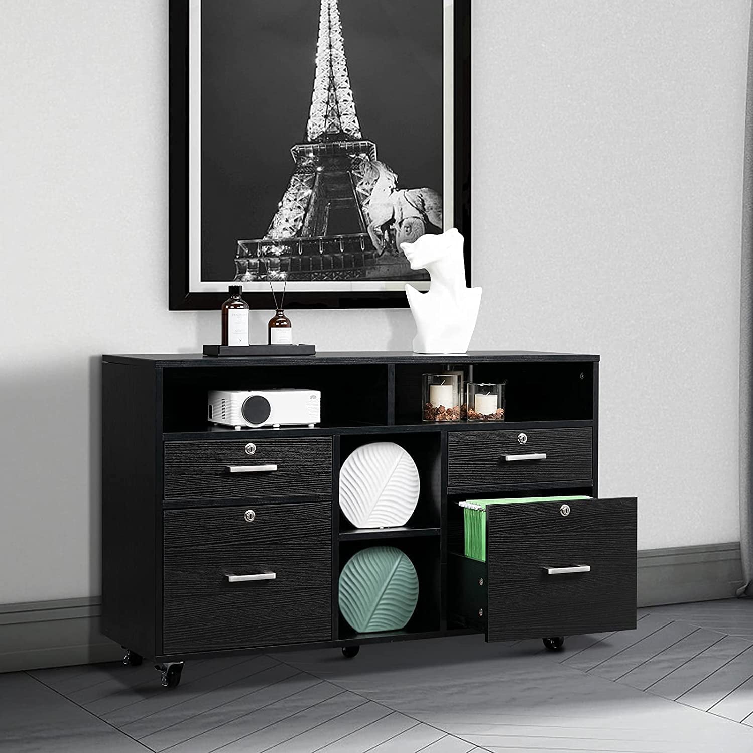 VINGLI Rolling 4-Drawer File Cabinet with Lock and Shelves, Wood Lateral Filling Printer Stand for Home Office, Black