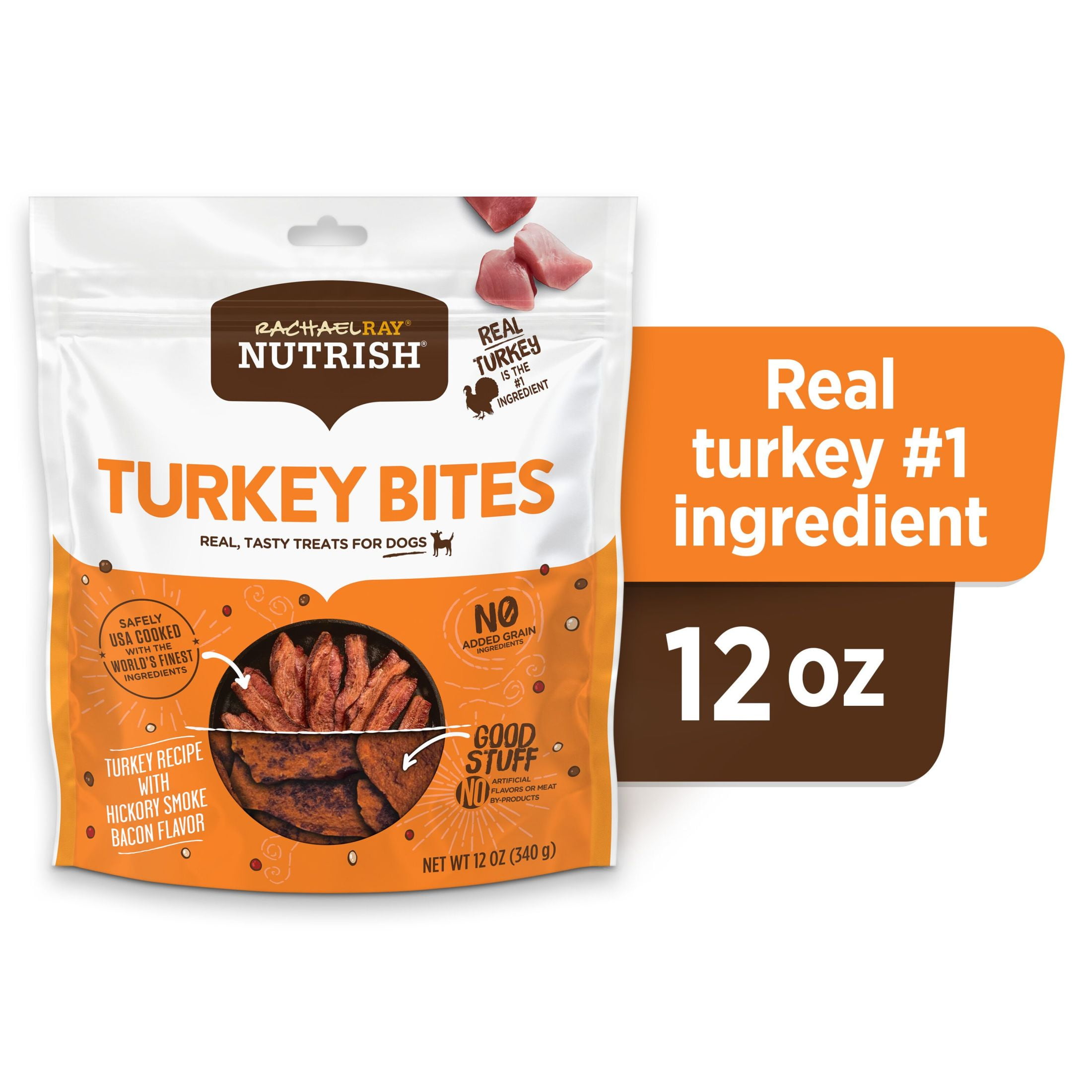 Rachael Ray Nutrish Turkey Bites Dry Dog Treats, Turkey & Hickory Smoke Bacon Soft Treats, 12 oz. Pouch