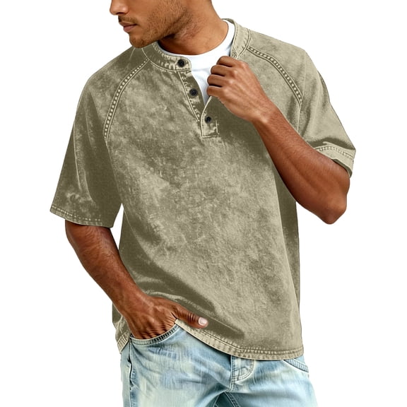 Mens Vintage Henley Shirts Classic Short Sleeve Button Tee Shirts Solid Color Casual Distressed Acid Washed Tops (Beige,2XL)