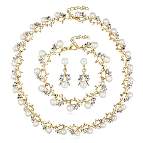 Pearl Diamond Crystal Necklace Earrings Bracelet Women Jewellery SetGold