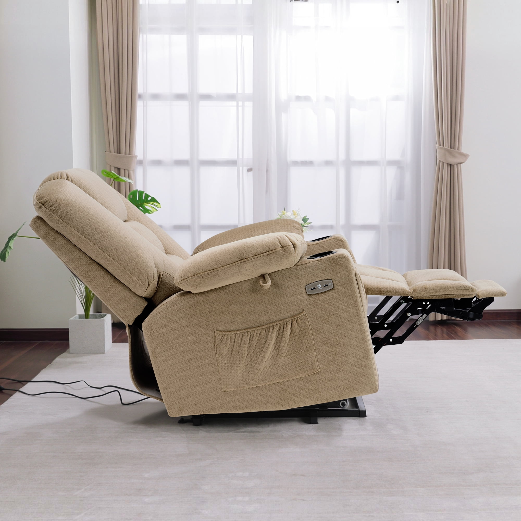 MCombo Power Lift Recliner Chair Sofa with Massage and Heat for Elderly People, Extended Footrest, Hand Remote Control, Cup Holders, USB Ports, Fabric 7529 (Medium, Beige)