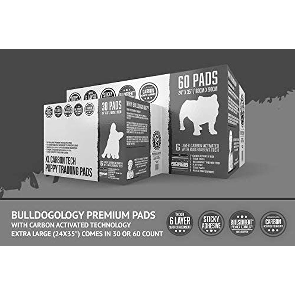 Bulldogology Carbon Black Puppy Pee Pads with Adhesive Sticky Tape - Extra Large Charcoal Housebreaking Dog Training Wee Pads (24x35) (60-Count, Black)