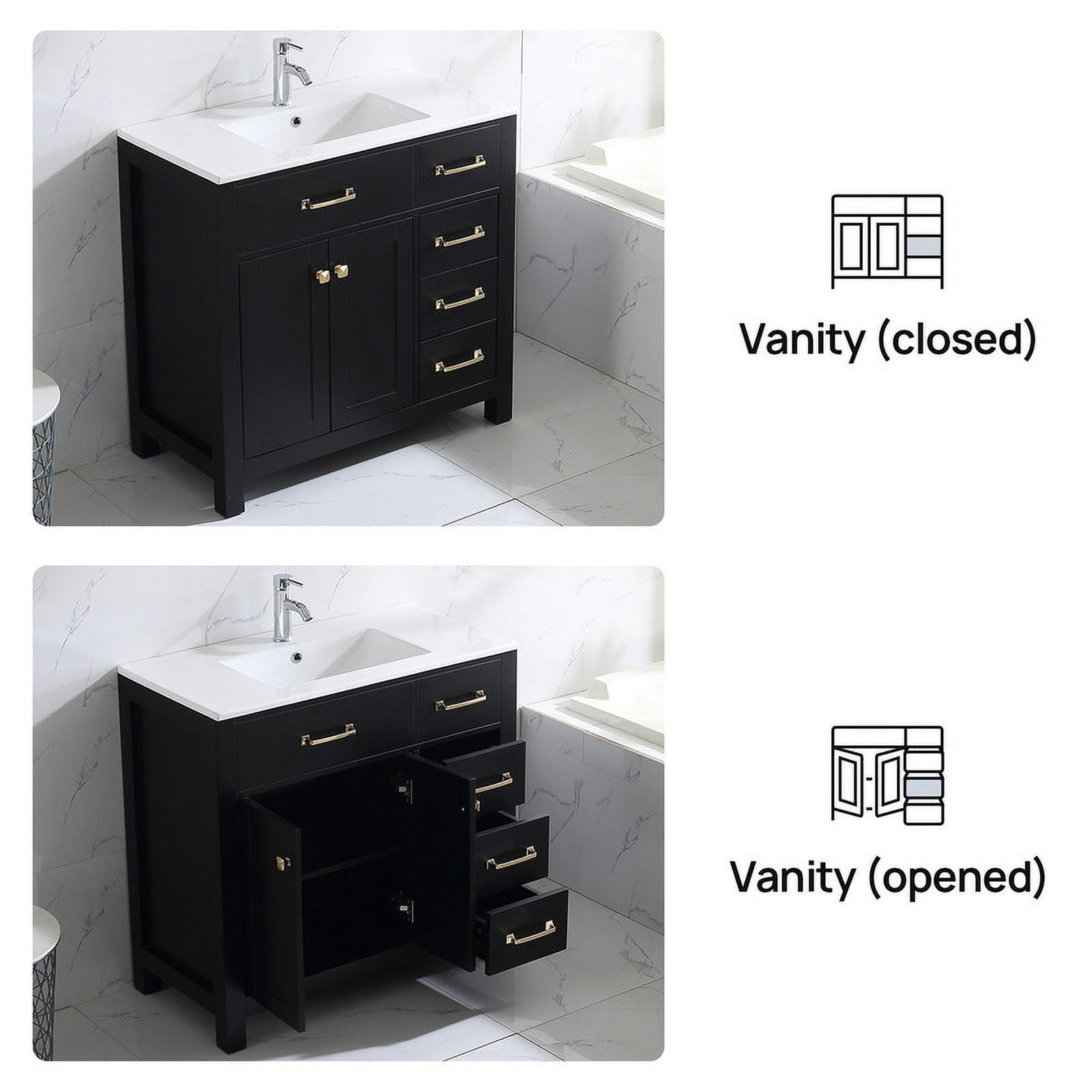Wonline 36" Luxurious Bathroom Vanity with Sink Combo Set,Free Standing Bathroom Vanity Cabinet w/Thickened Wood, Faucet, Painted Surface, Mirror, Black