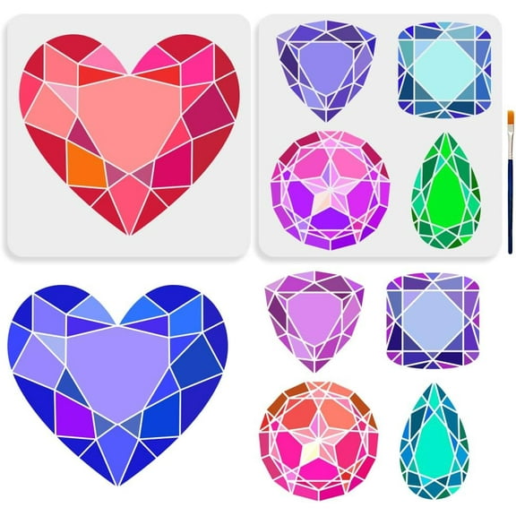 Heart Gem Stencils 11.8 x 11.8 inch 5 Styles with Paint Brush Diamond Drawing Templates