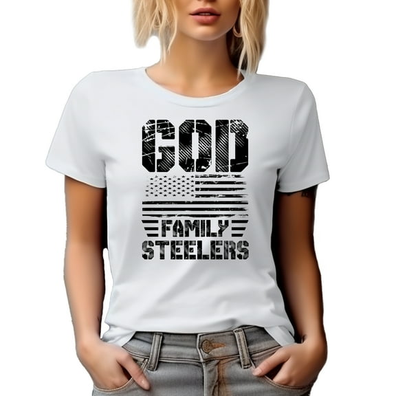 God Family Steelers with USA Flag, White T-Shirt, Small