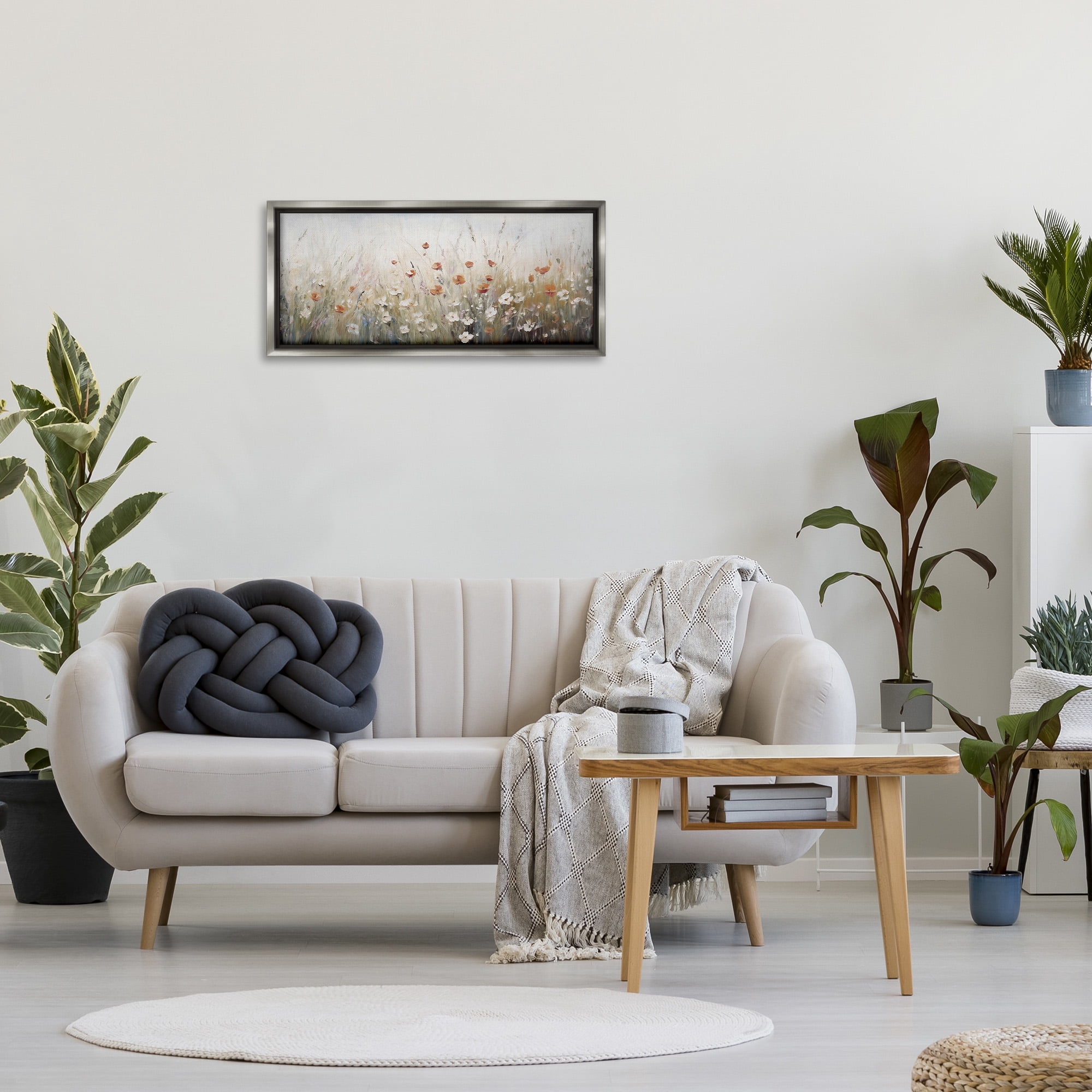 Stupell Industries Neutral Poppy Blooms Botanical & Floral Painting Gray Floater Framed Canvas Art Print Wall Art, 31 x 14
