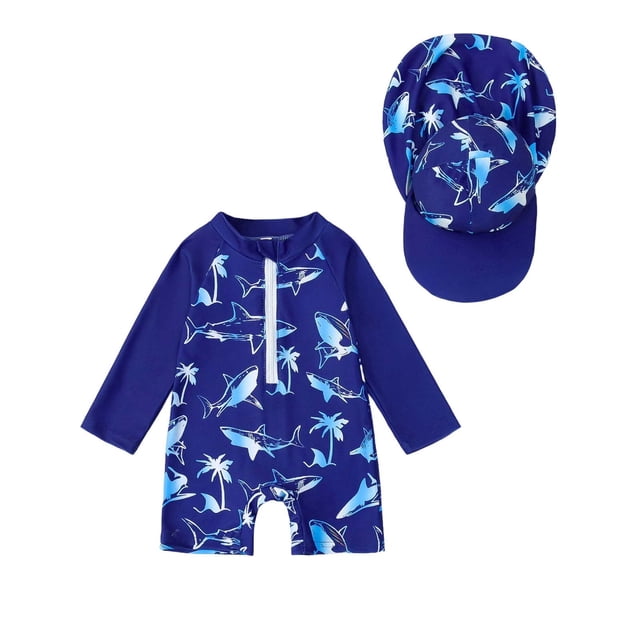 Boys Swimsuit 2-Piece Set with Hat For Toddlers Half-Zip Rash Guard and Swim Trunks in Light Blue Print for Beach and Pool
