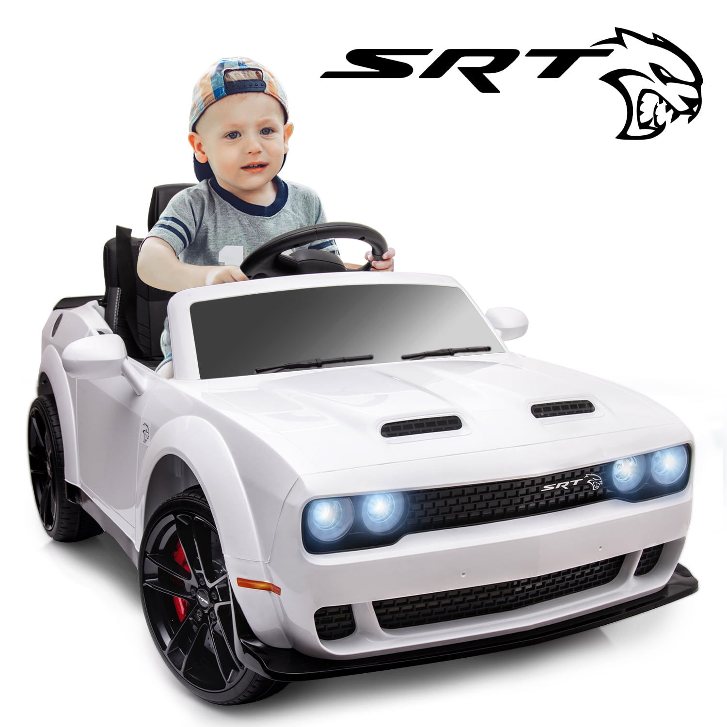 Track 7 Kids Ride on Car,Licensed Dodge Challenger SRT 12V Powered Electric Car for Kids,Electric Vehicles for Boys Girls,Kids Car with Remote,MP3,Bluetooth,Lights,White