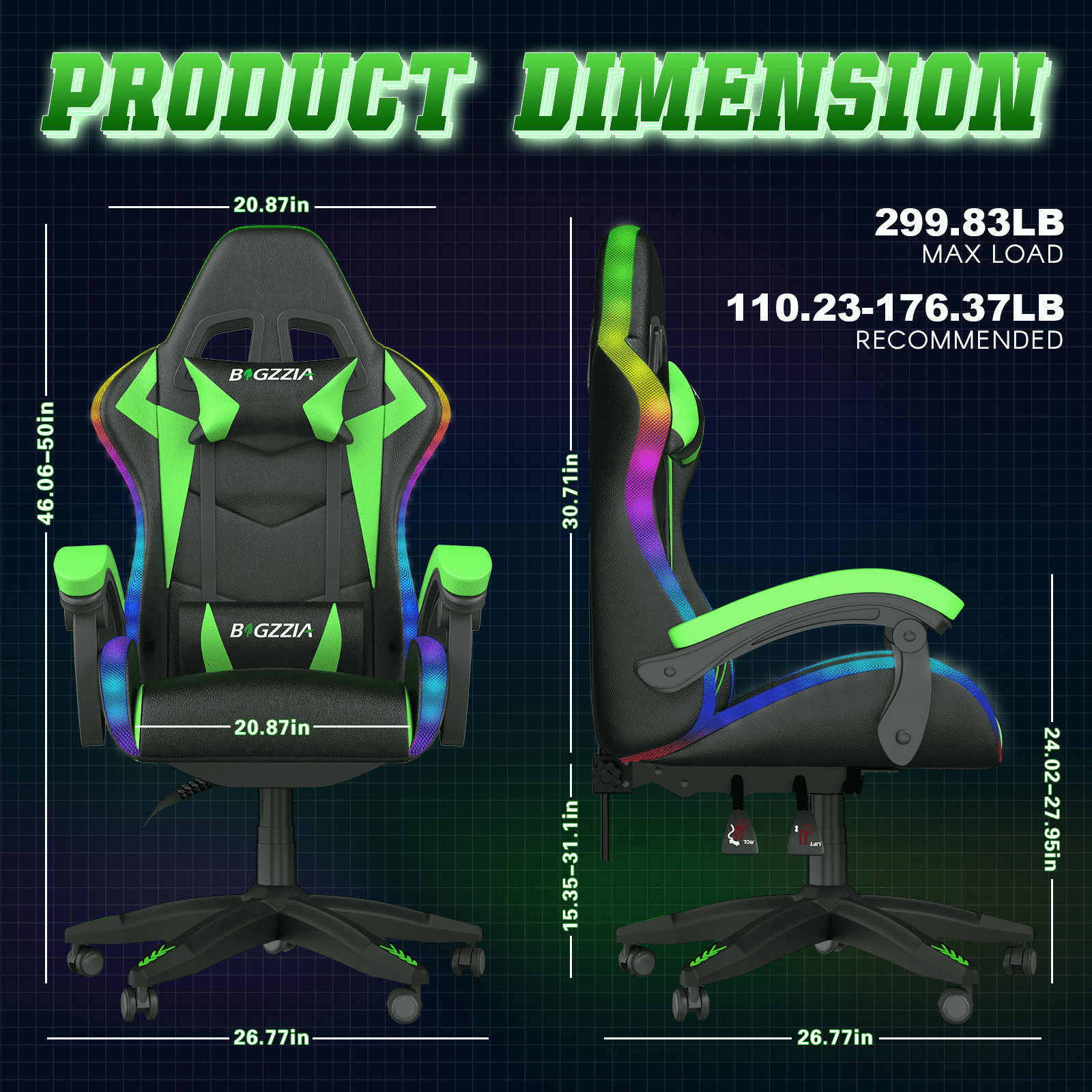 Bigzzia Gaming Chair with LED Lights Ergonomic Office Chair for Adults and Kids - Adjustable Height, 360° Swivel, Headrest Support, Mesh PU Leather, Black & Green