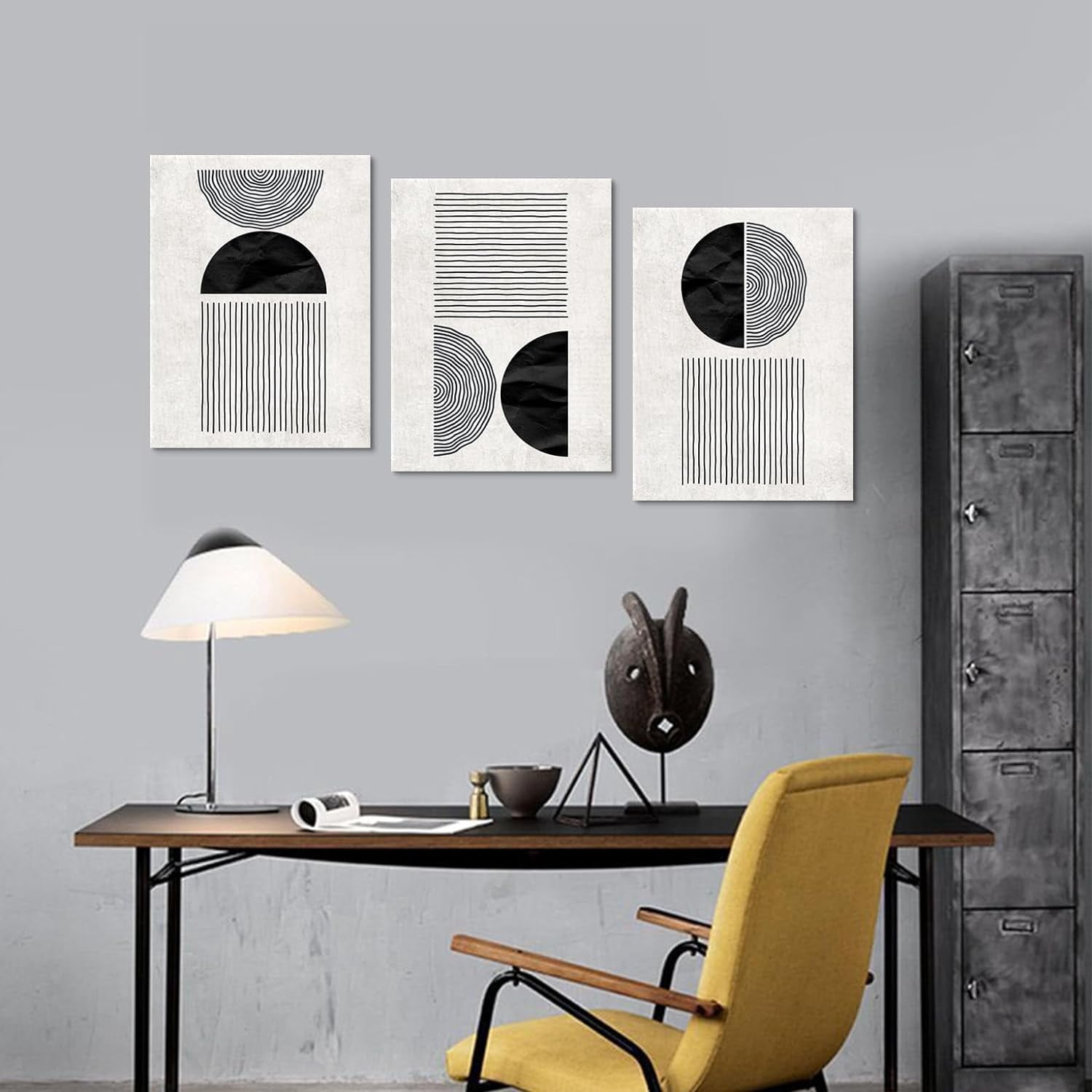 Black and White Wall Art Canvas Set Mid Century Boho Pictures Modern Geometric Lines Half Circles Wall Decor Minimalist Bohemian Abstract Painting for Living Room Bedroom Office 12"x16"x3Pc