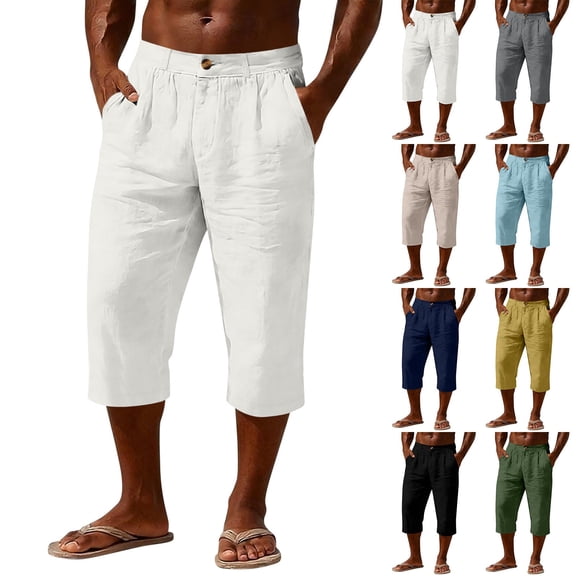 Betivan Men's Linen Capri Pants Elastic Waist Solid Color Breathable Lightweight Calf Length Loose Fit Beach Vacation Outdoor Daily Trousers