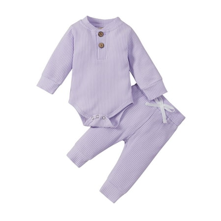 

Winter Newborn Baby Boy Girl Clothes Set Ribbed Outfits Unisex Infant Solid Cotton Button Long Sleeve Tops Pants 2PCS