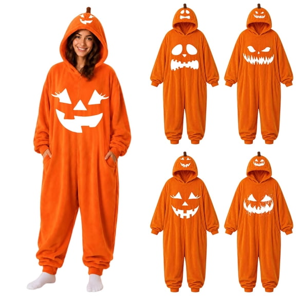 Red Funny Onsies Halloween Costume Polyester Halloween Cute Pumpkin Onesie Pajamas for Women Men Funny Party Cosplay Costume Family Hooded Plush Cozy Warm Sleepwear S