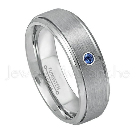 Personalized Tungsten Wedding Band - 0.07ct Solitaire Blue Sapphire Ring - 6mm Stepped Edge Brushed Tungsten Ring - Custom Made September Birthstone Ring TN008BS