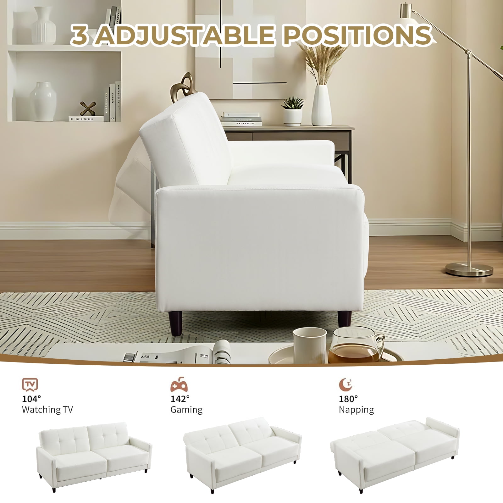 Ebello 76" Convertible Futon Sofa Bed, Mid Century Modern Faux Leather Loveseat Sofa Couch with Adjustable Backrest for Living Room & Office, White