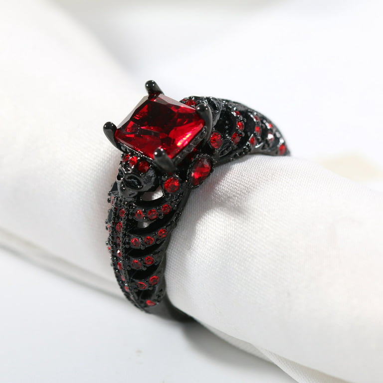 Skull Matching Rings Black Plated Couple Rings 1CT Red CZ Wedding Ring Punk  Ring