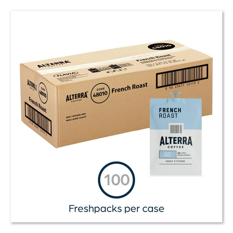 Alterra French Roast Coffee Freshpack, French Roast, 0.32 oz Pouch, 100/Carton Alterra French Roast Coffee Freshpack, French Roast, 0.32 oz Pouch, 100/Carton