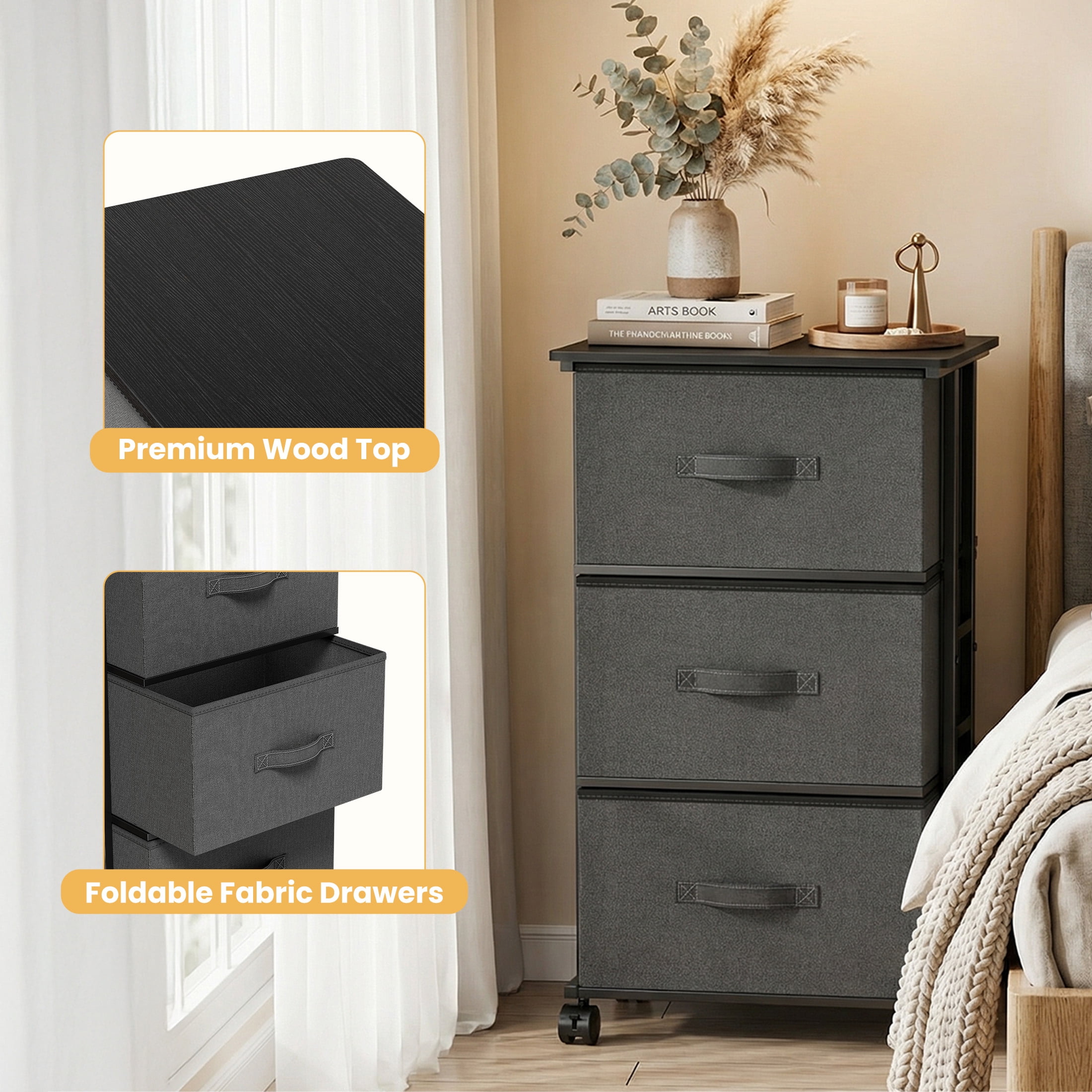 CONCETTA Dresser Storage with 3 Drawers, Storage with Wheels for Bedroom, Home Office, Gray