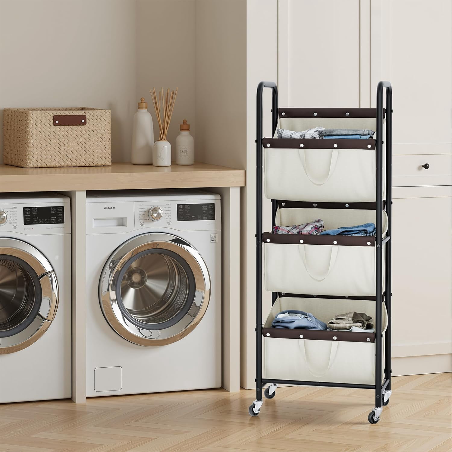 GRANNY SAYS 3-Tier Laundry Basket with Wheels, 120L Rolling Laundry Hamper Sorter, 3 Section Metal Frame Laundry Organizer, Removable Bags, Beige