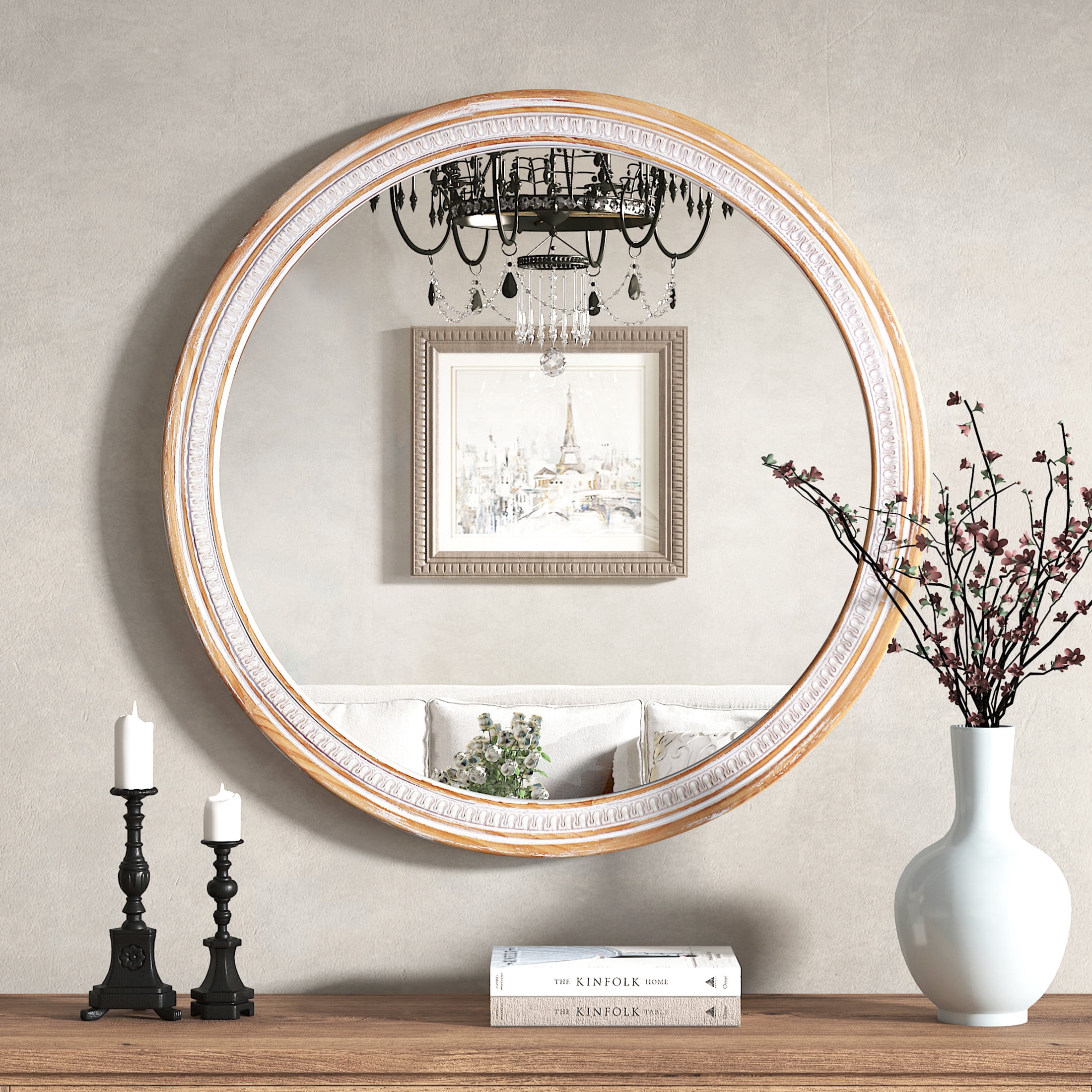 Noble House 30" Round Solid Wood Farmhouse Wall Mirror, Rustic Boho Decorative Mirror for Bathroom, Antique White