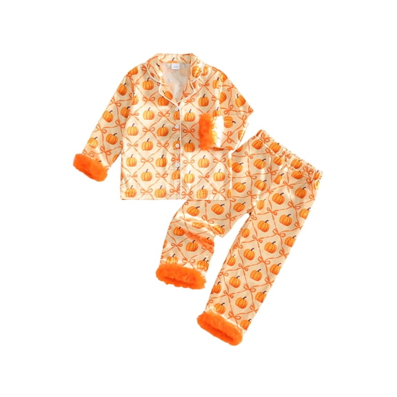 RUINIXCW Toddler Baby Girl Halloween Silk Stain Pajamas Set Kids Little Girl Fall Winter PJS Set Sleepwear Pumpkin Fuzzy Trim Long Sleeve Button Down Shirt and Pants Set Loungewear Homewear