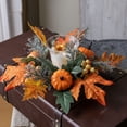 thumbnail image 5 of Fall Thanksgiving Halloween Candle Ring Wreath, Artificial Maple Leaf Blue Dahlia White Pumpkin Berry Candle Holder Garland, Harvest Table Centerpiece Decor for Indoor Outdoor Halloween Decorations, 5 of 7
