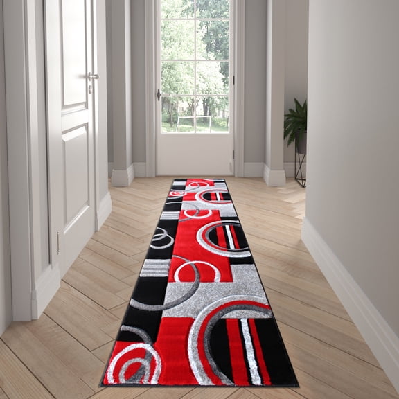 Emma   Oliver 2x7 Olefin Accent Rug with Modern Geometric Pattern in Red, Gray, Black & White with Natural Jute Backing