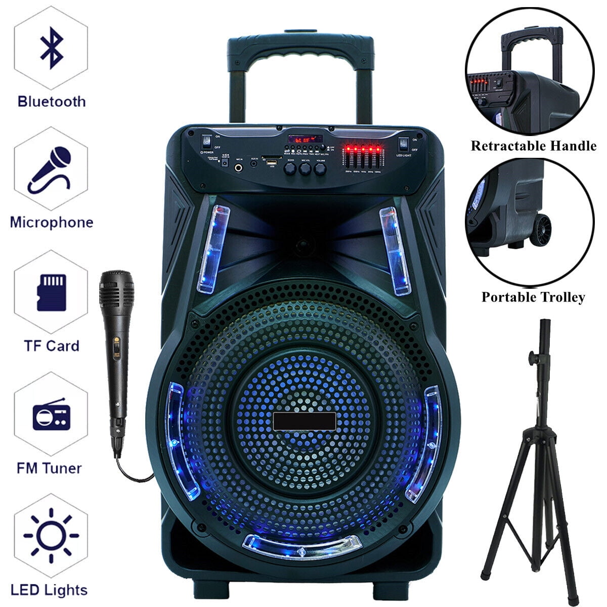 2700W 15" Portable Party Bluetooth Speaker with Tripod Stand Woofer Heavy Bass Horn Tweeter PA Party Sound System LED Mic AUX USB FM SD Trolley Wireless Speaker