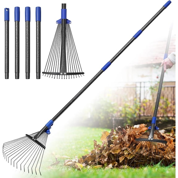 Leaf Rake for Lawns, Heavy Duty Garden Rakes Long Handle with Expandable Head 8-17 inch, 55inch