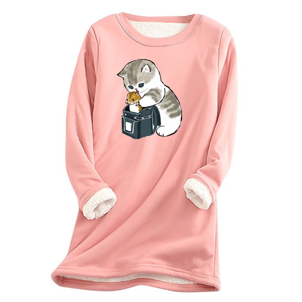 Mujer Vintage Loungewear Manga larga Lindo Gato Estampado Otoño Fleece SweatershirtTop Fridja nbo781