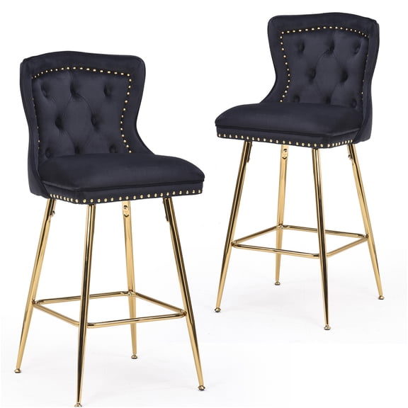 JERFIT Modern Velvet Upholstered Counter Bar Stools Set of 2, Button Tufted Back with Nailhead Trim and Gold Metal Legs for Kitchen Island, Dining Room, Home Pub