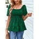 thumbnail image 4 of Top de manga corta para mujer, camisa con cintura elástica fruncida, dobladillo suelto de Jacquard, Top de moda verde L, 4 of 8