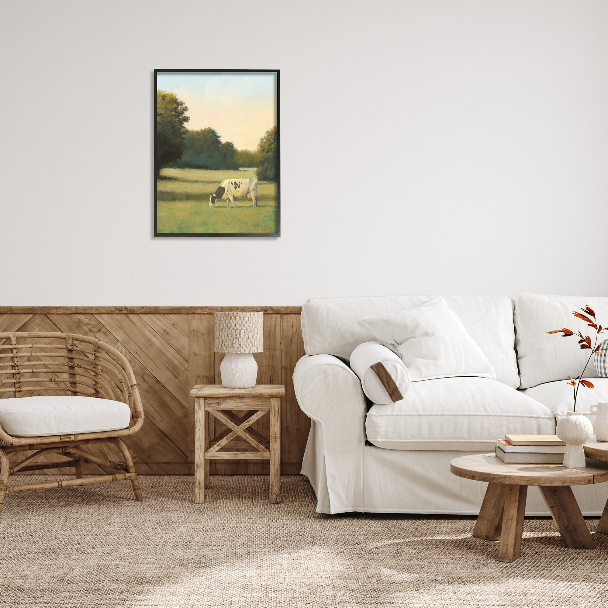 Stupell Industries Cow Grazing in Pasture Animals & Insects Painting Black Framed Art Print Wall Art, 24 x 30