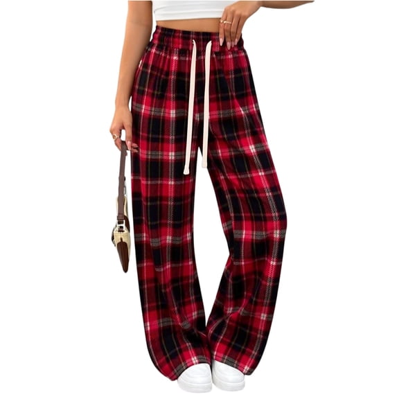AzureSilk Women Plaid Casual Pants Drawstring Elastic Waist Loose Wide Leg Trousers with Pockets Lounge Pants Women Summer Pants
