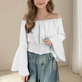 thumbnail image 2 of mgoYE Girls Off The Shoulder Tops Long Sleeve Loose Fit Dress Shirts Blouses(White,13-14 Years), 2 of 5