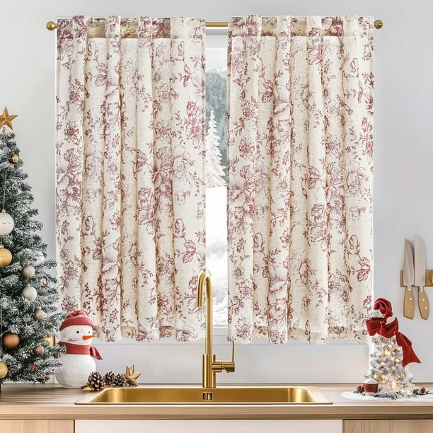 Cortinas Jinchan de Lino Floral para Cocina, 45 cm, Navidad, 2 Paneles Rojos