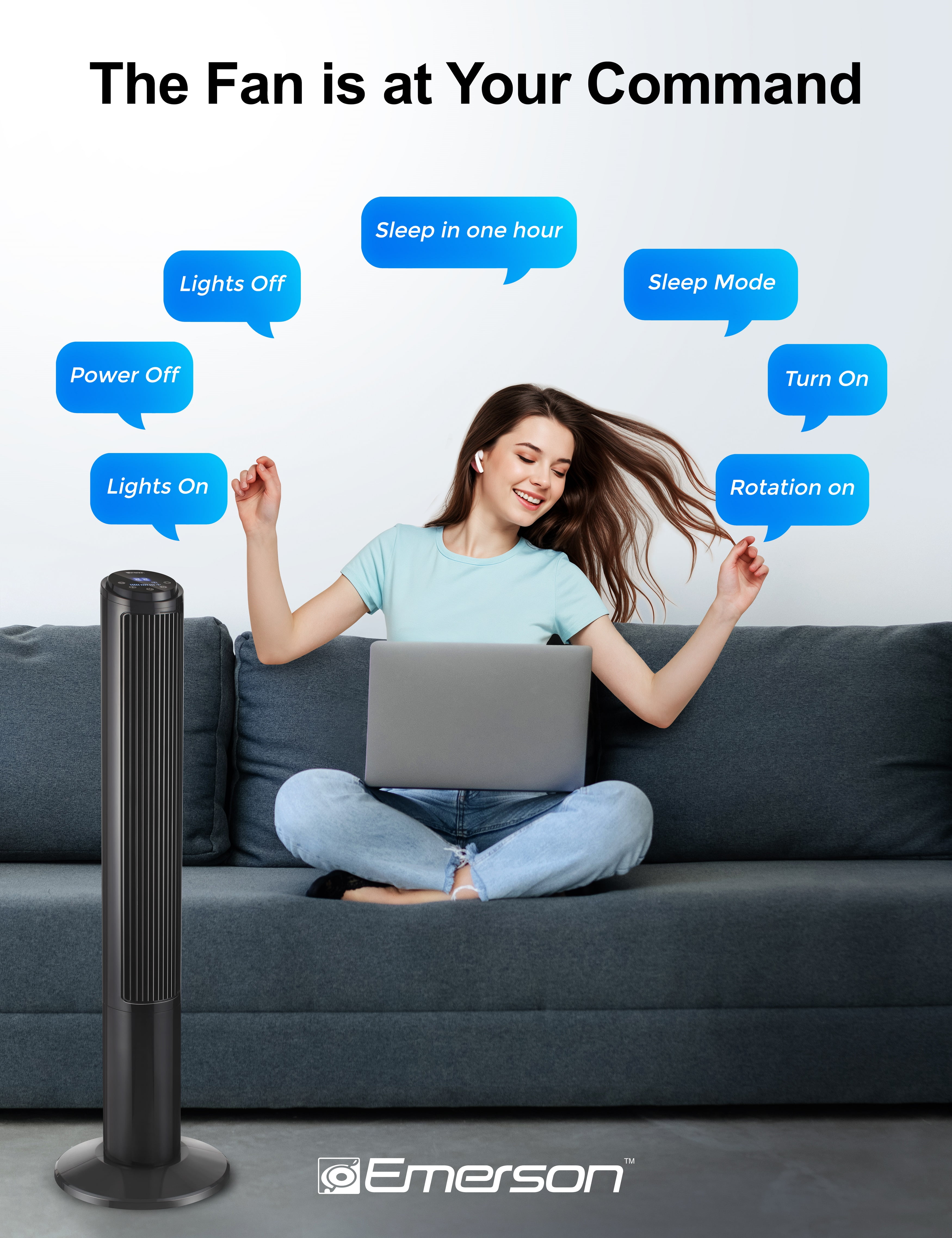 Emerson SmartVoice 40” Tower Fan – Offline Voice Control, Max Privacy, No App and Wifi