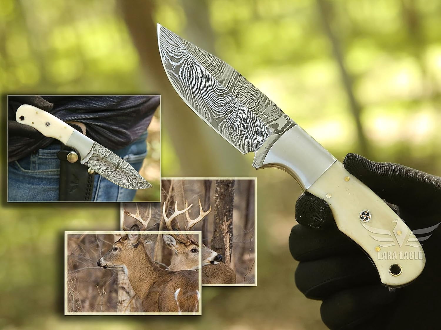 Lara Eagle Damascus Hunting Knife - Fixed Blade Handmade Skinner with Sheath - 7.5 inch Survival Knife - Camel bone Handle with mosaic pin