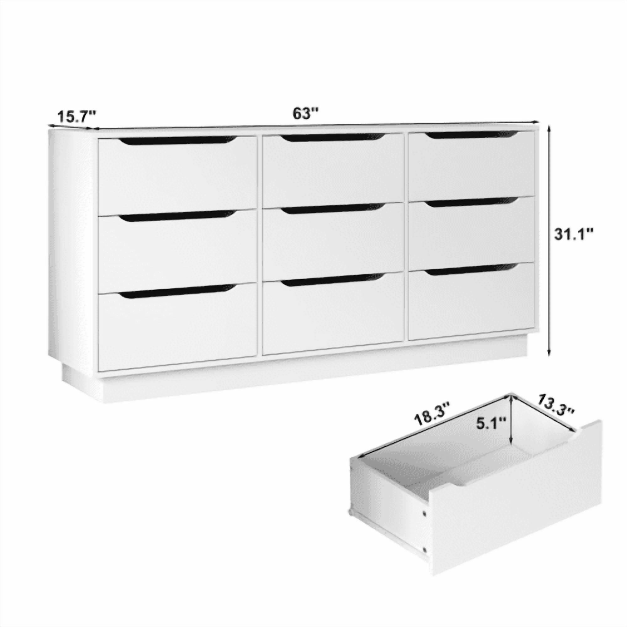9 Drawer Dresser for Bedroom with Deep Drawers, Large Wood Chest of Drawers, Modern Long Floor Storage Dresser for Closet Living Room Hallway, Sturdy Organizer Tower, White