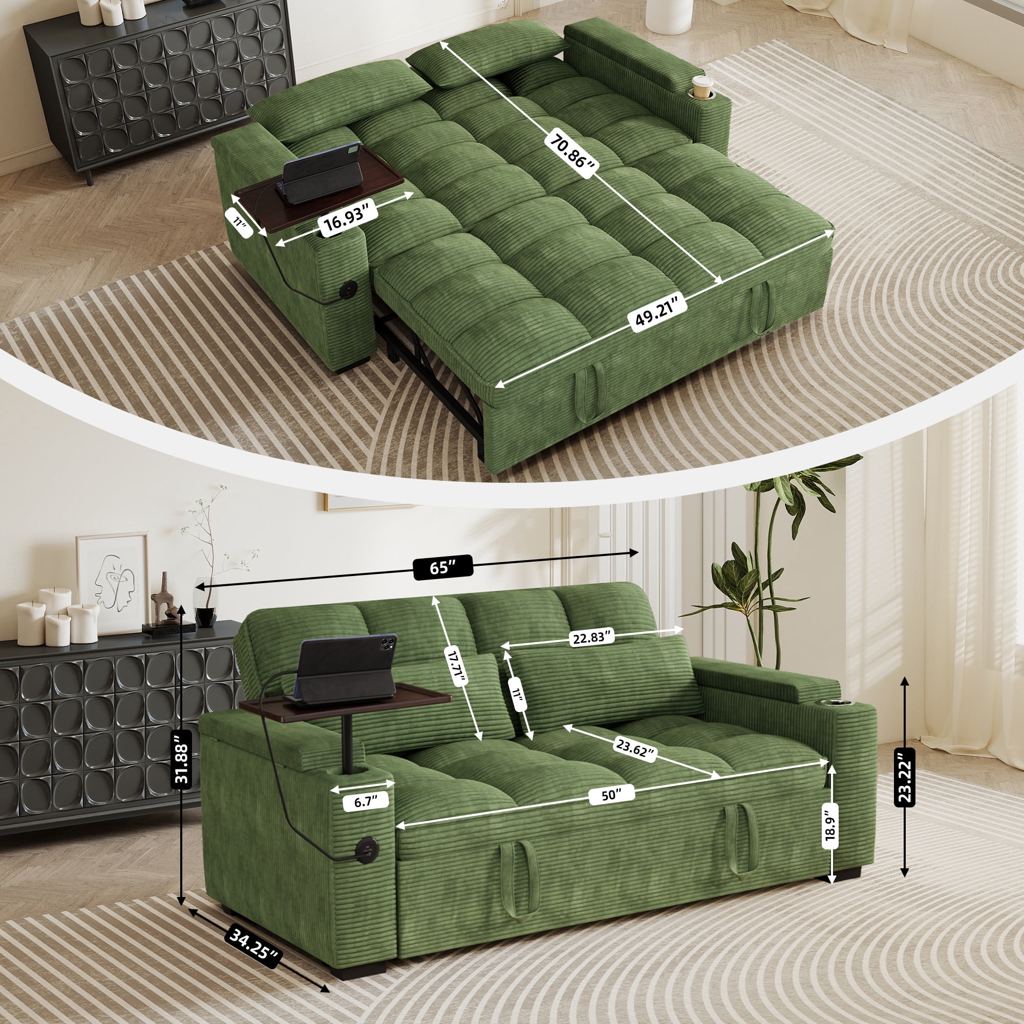Aukfa 65"W Convertible Sofa Bed with Storage, 3-in-1 Corduroy Queen Sleeper Sofa Couch with 360° Swivel Side Table & USB /Type-C Ports,Green