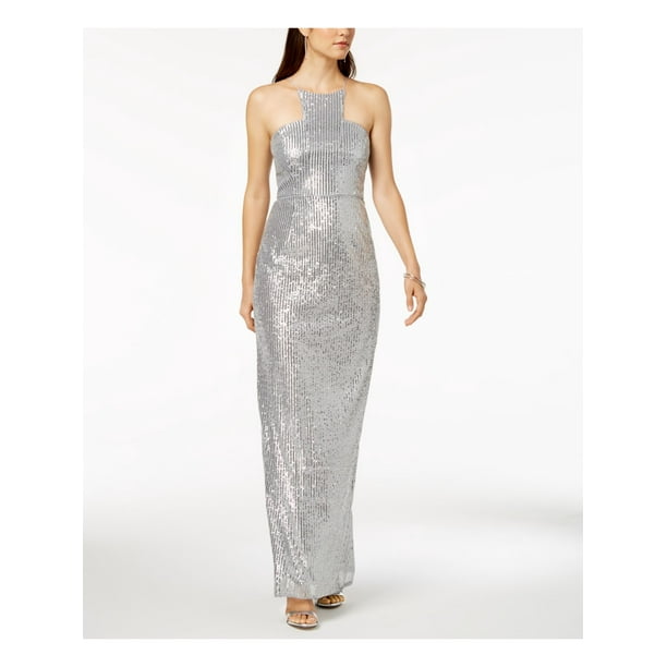 Adrianna Papell - ADRIANNA PAPELL Womens Silver Sequined Cutaway Gown Sleeveless Halter Full