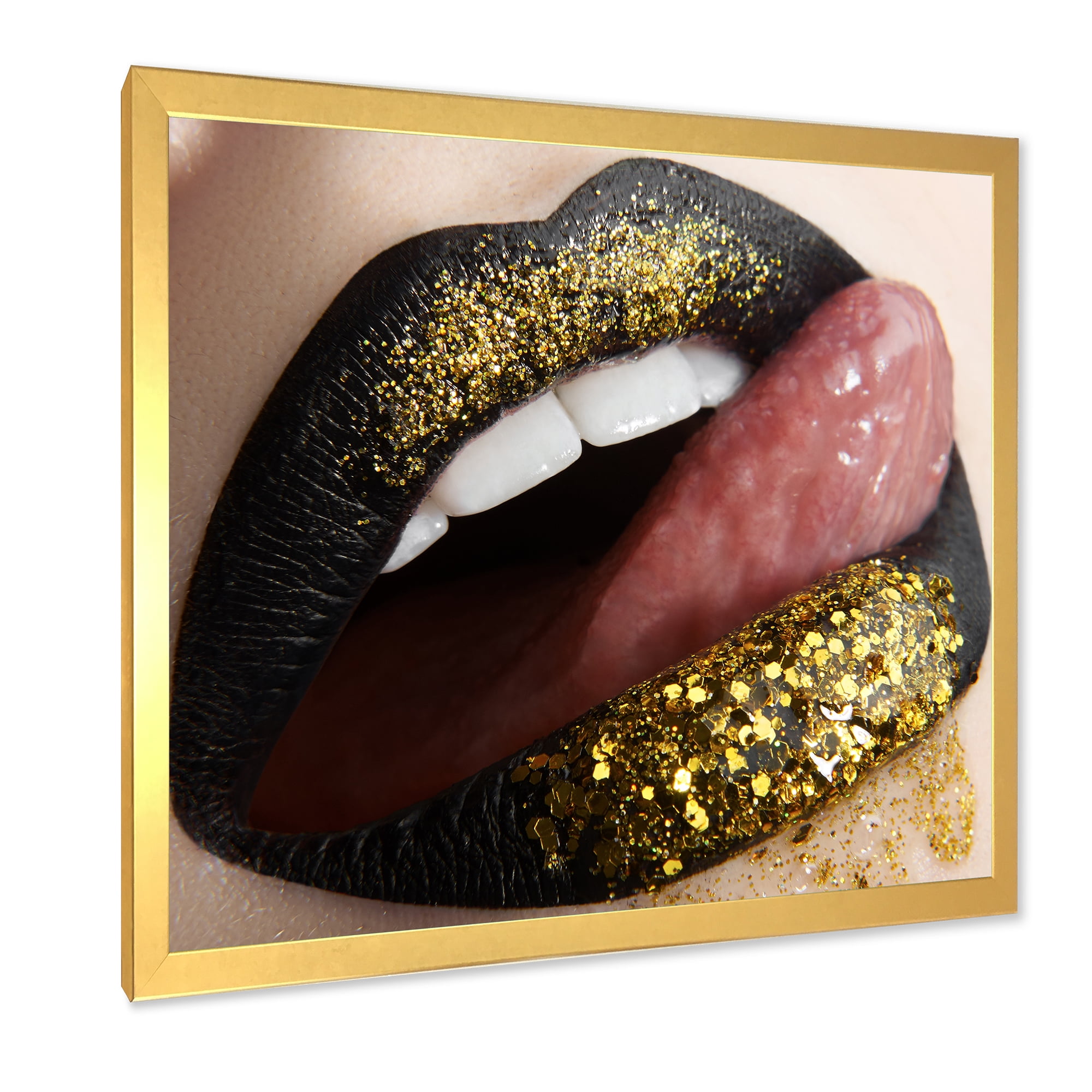 Designart 'Woman Lips Black Lipstick and Gold Sequins' Modern Framed Art Print