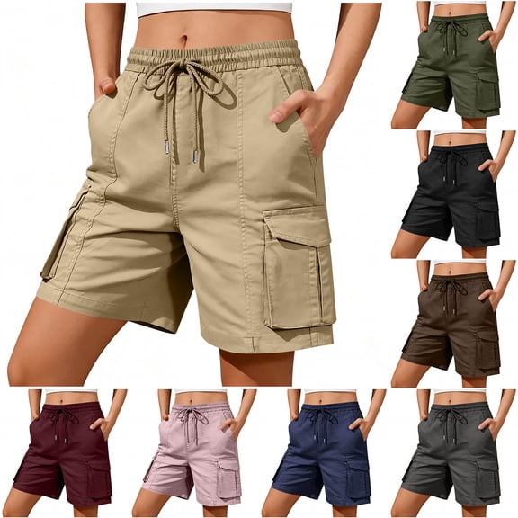 Bloomae Cargo Shorts for Women Summer Casual Elastic High Waisted Travel Hiking Outdoor Short Pants with Multi-Pockets Solid Bermuda Shorts Brown M