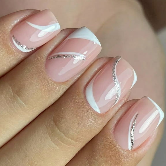 24Pcs Square Press on Nails Glossy Designs French Fake Nails Acrylic False Nails,Artificial Nails Glues on Nails Women